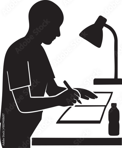 Silhouette of a person writing at a desk isolated on transparent background