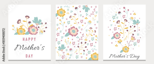Trendy Mother's Day card, banner, poster, flyer, label or cover with flowers frame, abstract floral pattern in art style. Spring summer bright abstract floral design template for ads promo. Vector