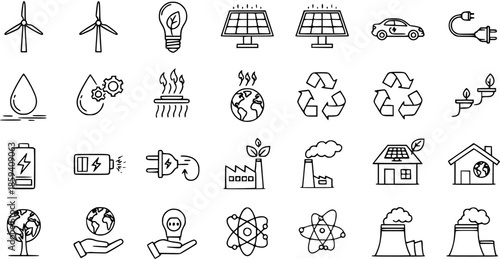 Eco Energy and Environment Line Icons Set. Renewable Power, Sustainability, Pollution, and Global Climate Change Outline Vector Symbols