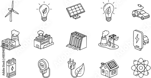 Renewable Energy and Power Hand-Drawn Doodle Icons: Solar, Wind, Hydro, Electric Cars, Green Technology, and Sustainable Solutions