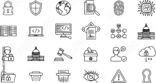 Cybersecurity, Privacy, Law  Tech Line Icons Set: Data Security, Government, Coding, and Internet Protection Symbols