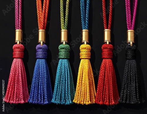 Six colorful tassels arranged side-by-side with golden caps against a black background, vibrant and decorative