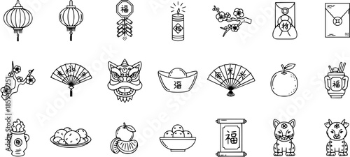 Chinese New Year and Lunar Festival Line Art Icon Set. Traditional Asian Celebration Symbols like Lanterns, Red Envelopes, Firecrackers, and Zodiacs.