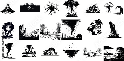 Collection of Natural Disasters Icons in Black and White