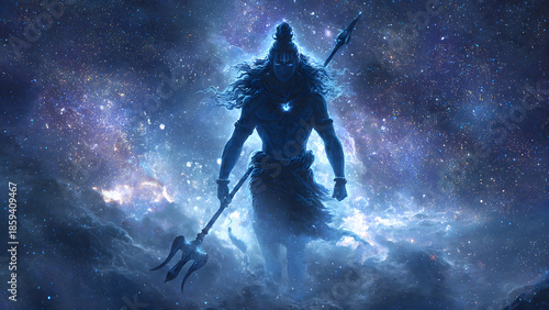 Lord Shiva Silhouette Warrior in Deep Space Galaxy with Trident