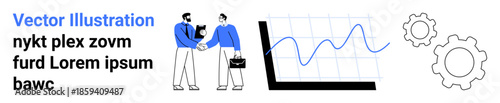Business collaboration, data analysis, teamwork, technology, efficiency, progress. Two professionals shaking hands near a graph and gear icons. Business collaboration and data analysis
