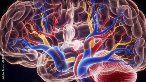 Detailed 3D illustration of human brain and heart circulatory system.