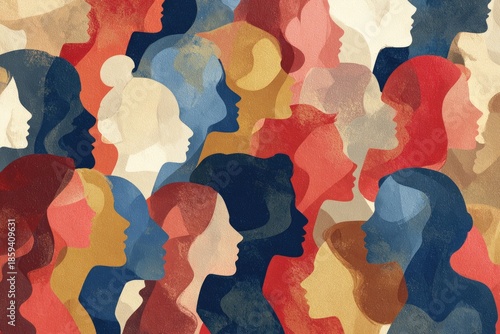 Abstract illustration featuring numerous female silhouettes layered in vibrant colors