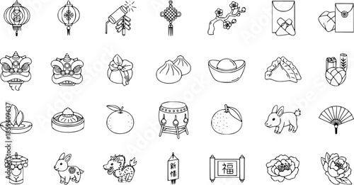 Chinese New Year Line Art Icon Set. Traditional Lunar New Year Celebration Symbols: Lanterns, Lion Dance, Dumplings, Red Envelopes, Rabbit, Auspicious Decor.