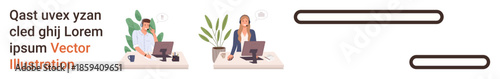 Remote work, online meetings, teamwork, professional communication, coworking spaces, digital tools. Two professionals at desks with laptops and plants. Remote work and online meetings concept