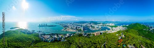 Panoramic view of Luhuitou Scenic Area in Sanya, Hainan, on a summer evening.