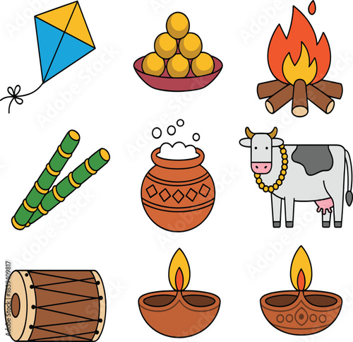 A Nine-Piece Collection of Flat Vector Icons Featuring a Kite, Sweet Dumplings, a Bonfire, Sugar Cane, a Clay Pot, a Sacred Cow, a Drum, and Diya Oil Lamps.