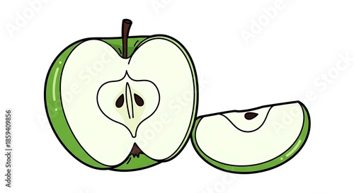 Green Apple Halved and Sliced Illustration.