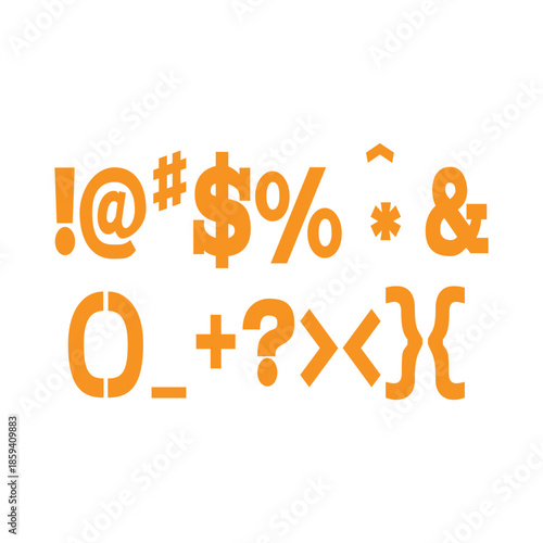 Orange stencil style special characters and symbols set isolated on white background, vector illustration.