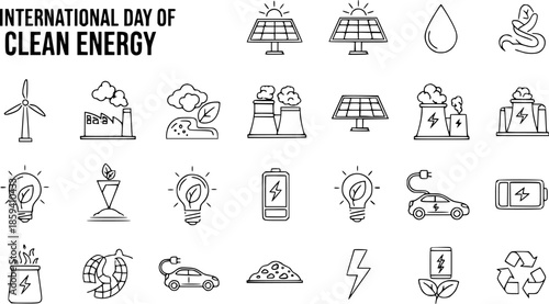 International Day of Clean Energy - Collection of Eco-Friendly Icons: Solar, Wind, Electric Vehicles, Recycling, and More