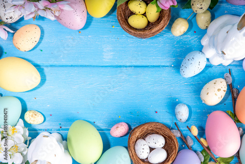 Spring Easter holiday top view flat lay background