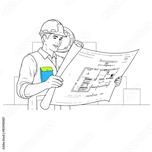 Architect Reviewing Blueprint Coloring Book Illustration – Smiling Engineer Line Art Design