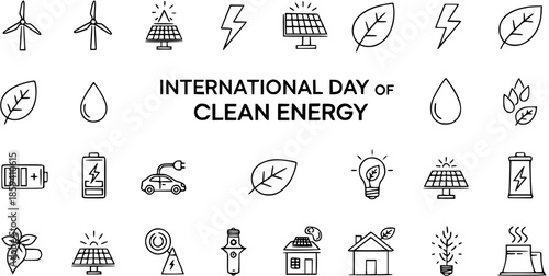 International Day of Clean Energy Icons Set. Line art symbols for renewable energy, sustainability, green technology, wind, solar, electric vehicles.