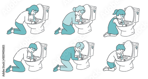 トイレで嘔吐する人々のイラストセット（男女・子供・高齢者）
