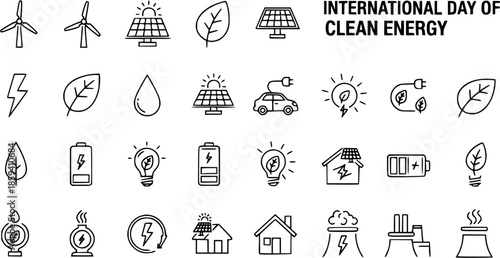 Clean Energy Line Icons Set for Renewable Power, Solar, Wind, Electric Vehicles, and Sustainable Environment Concepts