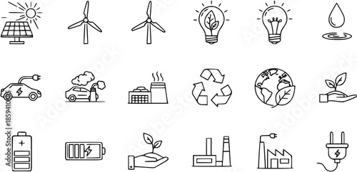 Hand-Drawn Icons Representing Renewable Energy, Sustainability, and Eco-Friendly Technology
