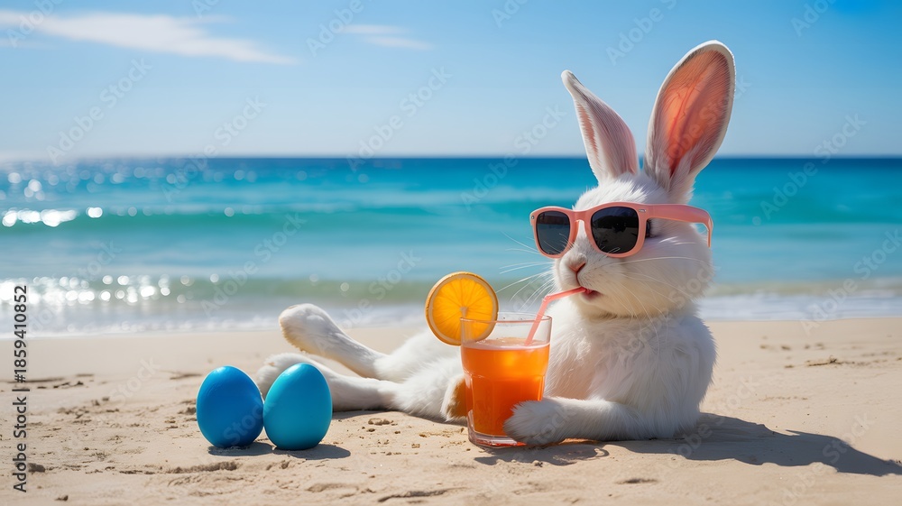 © Adobe 2.0 - A whimsical white bunny wearing pink sunglasses relaxes on a sandy beach, sipping a tropical orange drink with a slice of orange and two blue Easter eggs nearby.