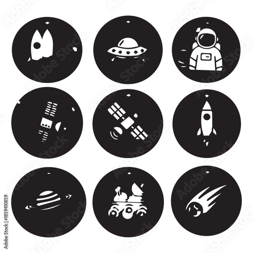 Celestial Explorers in Miniature: Nine stylized, monochrome circular illustrations representing iconic symbols of space exploration. From a soaring rocket to an enigmatic flying saucer.