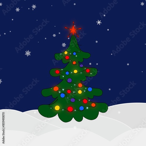 Hand Drawn Festive holiday illustration of a decorated spruce on a dark blue background.
