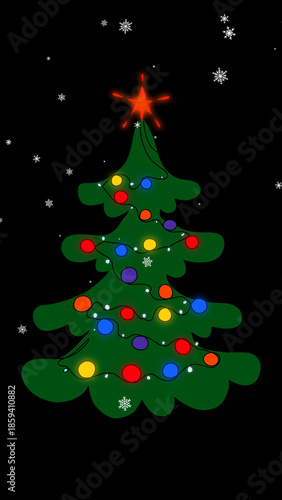 Hand Drawn Christmas Tree with Lights and snowflakes
