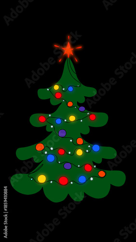 Hand drawn Festive cartoon spruce with colorful lights and a star on top.