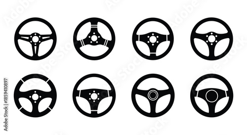Collection of steering wheel icons in various styles presented in a grid format