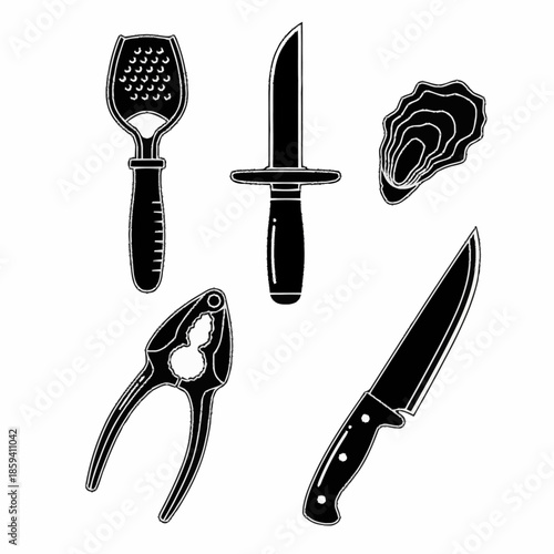 Collection of essential seafood tools and an oyster shell.