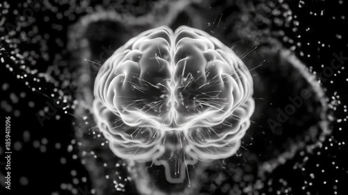 Monochrome Digital Animation of a Glowing Human Brain with Neural Activity.