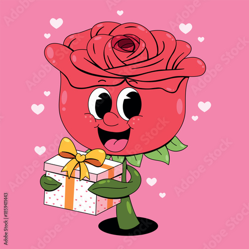 Retro Cartoon Rose Character Holding a Gift