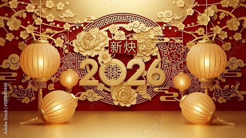 Gold paper cutout 2026 new year decoration with red background and lanterns for chinese new year celebration