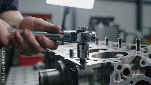 Mechanic uses precision torque wrench to assemble engine block with deliberate click in automotive workshop