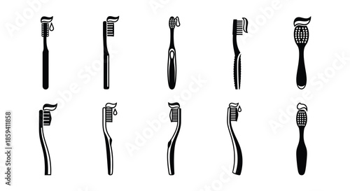 A collection of various black and white toothbrush silhouettes arranged in rows