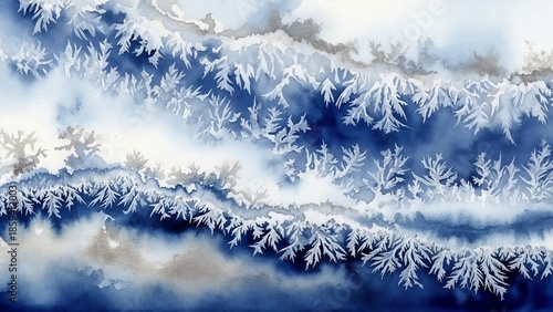 Abstract watercolor frost patterns in cold blue winter background