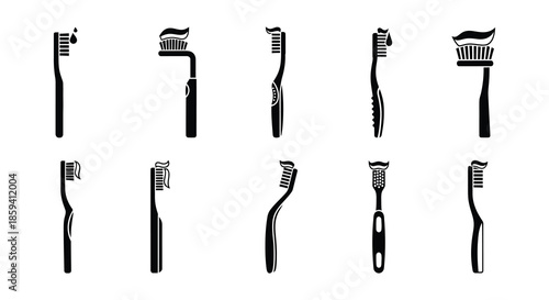 A collection of various black and white toothbrush silhouettes arranged in rows