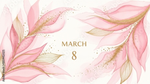 Watercolor March 8 floral background in pink and gold for Women’s Day