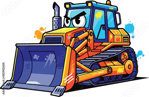 A vector cartoon bulldozer character with a determined expression, featuring a yellow and blue color scheme, presented on a white background with colorful paint splatters. Great for