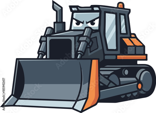 A vector cartoon bulldozer character with an angry expression, featuring a black and orange body, on a white background. Perfect for construction, engineering, and educational materials.