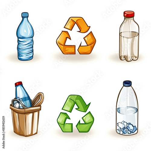 set of plastic bottles with recycling symbol