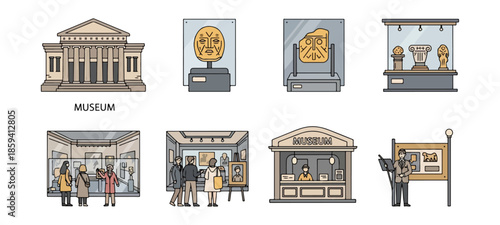 Museum icons set buildings exhibits visitors and information display elements
