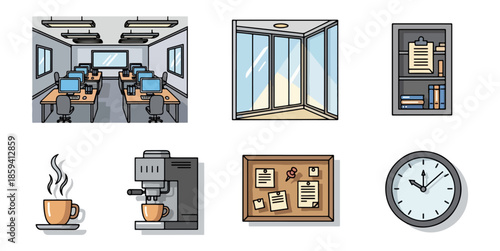 Office workspace illustrations computer desks coffee clock windows