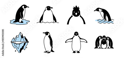 Penguin illustrations cartoon set on black background