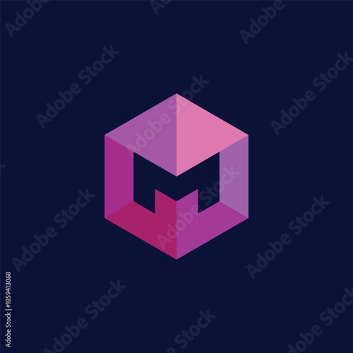 Modern M letter geometric logo design, abstract cube shape in purple and pink gradient colors, minimal and professional brand identity symbol