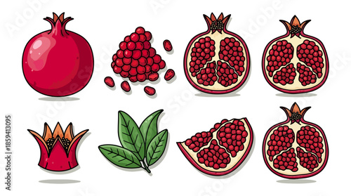 Pomegranate fruit set whole sliced seeds and leaves isolated on white