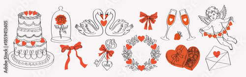 Cute vintage hand drawn elements with whimsical bows, ribbons, hearts, cupid, flowers and cake. Charming line art vector illustrations for Valentine’s Day, wedding invitations, greeting cards and roma