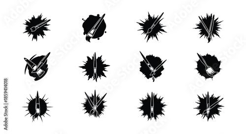 Variety of painting brushes and tools in a black and white graphic